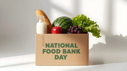 National Food Bank Day Donation Box with Fresh Fruits, Vegetables, Bread, and Milk