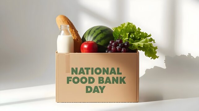  National Food Bank Day Donation Box with Fresh Fruits, Vegetables, Bread, and Milk