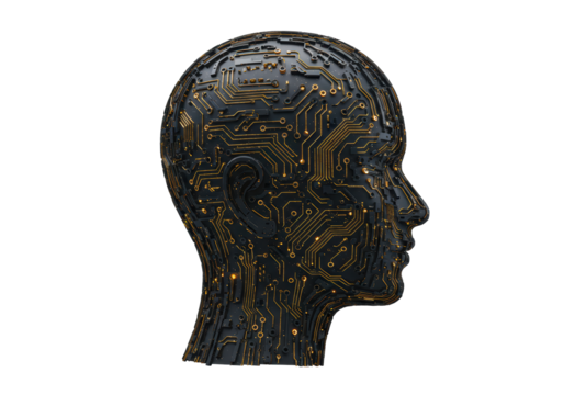 Isolated 3D Render of a Human Head with Circuit Board Pattern, Artificial Intelligence Concept