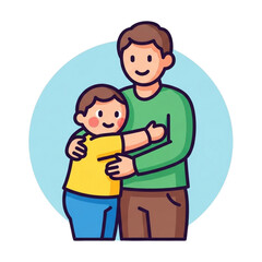 Vibrant cartoon illustration depicting a tender moment of a loving adult embracing a joyful child, highlighting family connections, care, and emotional security.