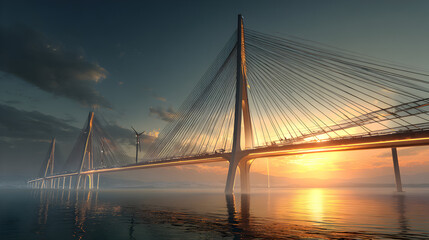 Fototapeta premium Suspension bridge with wind turbines at sunset over water