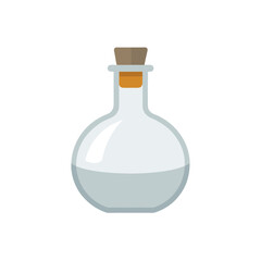 Clear liquid fills round glass flask with cork stopper, laboratory science concept