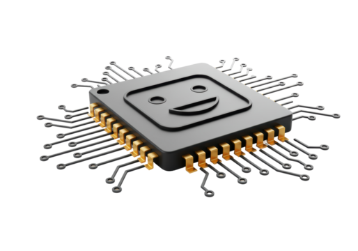 Isolated 3D Render of a Microchip with Happy Face and Circuitry, Smart Tech Interface