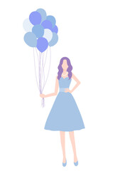 フラットイラスト　風船を持った女性　ブルー