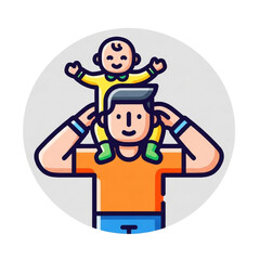 A delightful illustration portraying a loving father carrying his happy baby on his shoulders, symbolizing strong family bonds, paternal care, and the innocent joy of childhood.