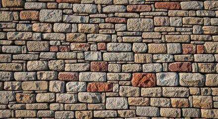 Close-up view of a stone wall, showcasing various shades of stone and intricate patterns.