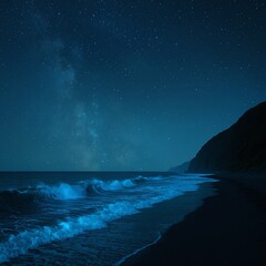 Starry Night Over Bioluminescent Ocean Waves