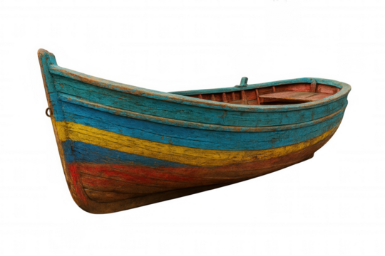 Colorful weathered wooden rowboat floating, vintage nautical watercraft resting against transparent backdrop