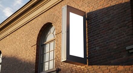 Prominent blank vertical sign mockup affixed to a classic vintage brick building facade, offering an ideal template for diverse outdoor advertisements and business branding.