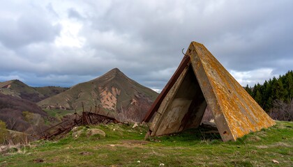 Ruined concrete structure on a hillside, overcast sky