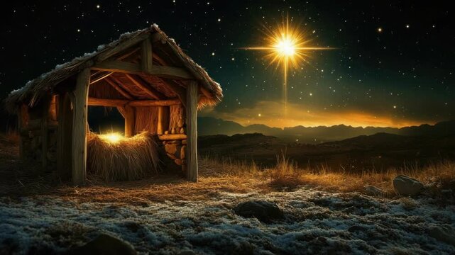 Manger scene with brightest star light over traditional wooden nativity stable. Christmas religious concept for holiday celebration.