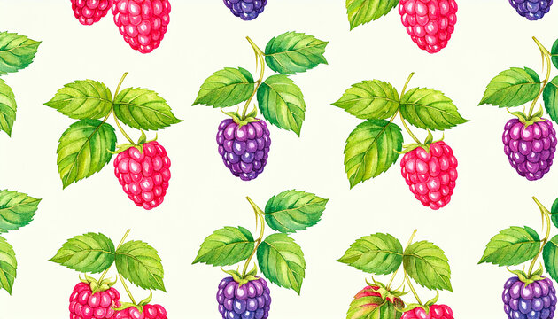 Watercolor illustration of a seamless pattern featuring raspberries and blackberries on a white background.