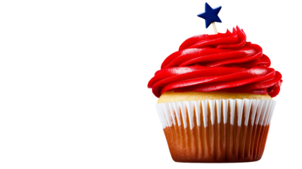 Individual cupcake with vibrant red frosting and a blue star topper, cut out transparent