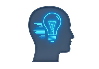 Isolated 3D Render of a Human Head Silhouette with a Glowing Light Bulb, Idea and Innovation
