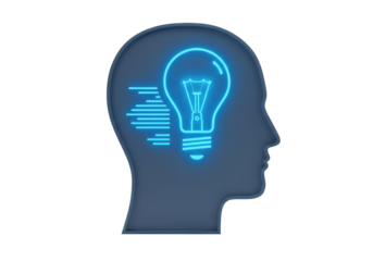 Isolated 3D Render of a Human Head Silhouette with a Glowing Light Bulb, Idea and Innovation