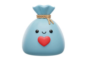Isolated Adorable Blue Money Bag with Happy Face and Red Heart, 3D Render