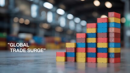 stock market visual metaphor concept. Colorful shipping containers arranged in a bar graph, symbolizing global trade growth.