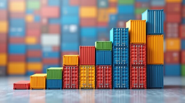 stock market visual metaphor concept. Colorful shipping containers arranged in a bar graph formation, symbolizing trade growth.