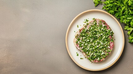 A plate of bistecca alla fiorentina with herbs flying, freeze motion, balanced composition, warm tones, copy space, advertising background