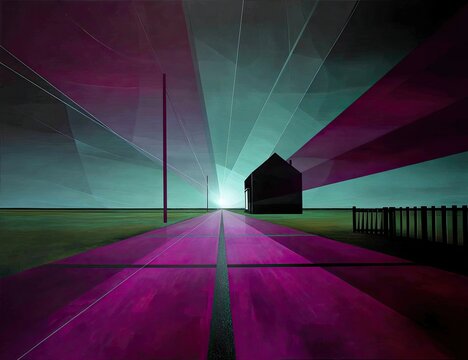 A digital landscape with a road leading to a house, bathed in vibrant purples and teal