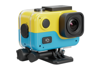 Isolated Compact Action Camera in Waterproof Housing on White Background