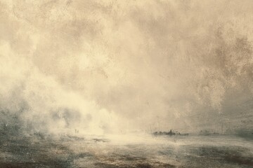 A muted, textured landscape, veiled in a pale beige and taupe haze.  Distant forms suggest a shoreline or a town obscured by atmospheric effects.  