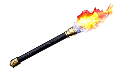 Ornate Black Torch with Golden Fixtures Ignites with Fiery Orange and Yellow Flames, cut out transparent
