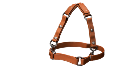 Brown leather dog harness with metal rings and stitching on white background, cut out transparent