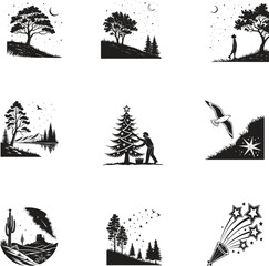 set of trees silhouettes