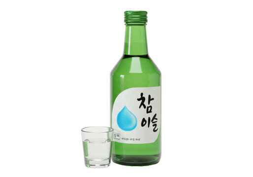 Isolated Korean Soju Bottle with Shot Glass on White Background