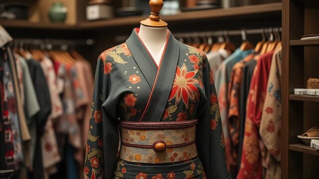 Elegant floral kimono displayed on mannequin in dressing room with wardrobe background