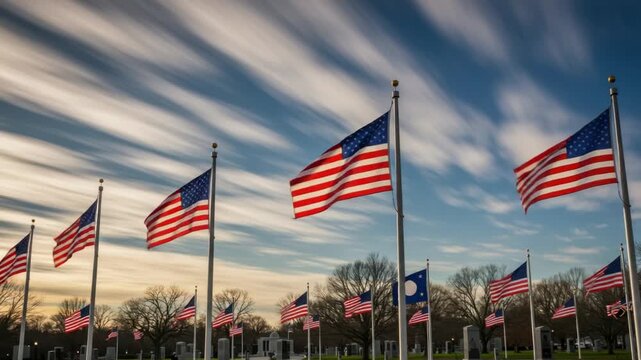 Patriotic display with rows of American flags fluttering under streaky sky on a solemn memorial