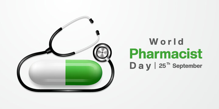 25 th September is World Pharmacist Day. Medicine and sthetoscope. Suitable for posters, banners and social media. White background. - Powered by Adobe