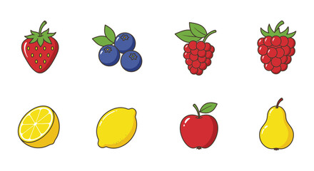 Colorful Cartoon Fruit Set Featuring Strawberry Blueberry Raspberry Lemon Apple Pear