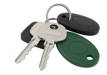 A set of two silver metal keys and two electronic access control fobs on a keyring, isolated on a transparent background