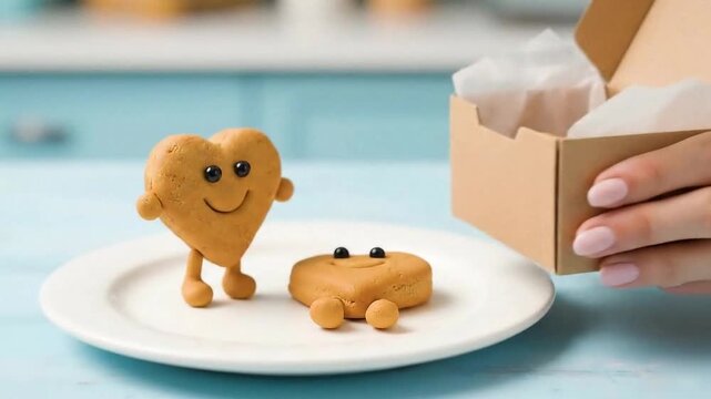 Claymation heart cookies dance on a plate then nestle into a ribboned gift box in a joyful loop