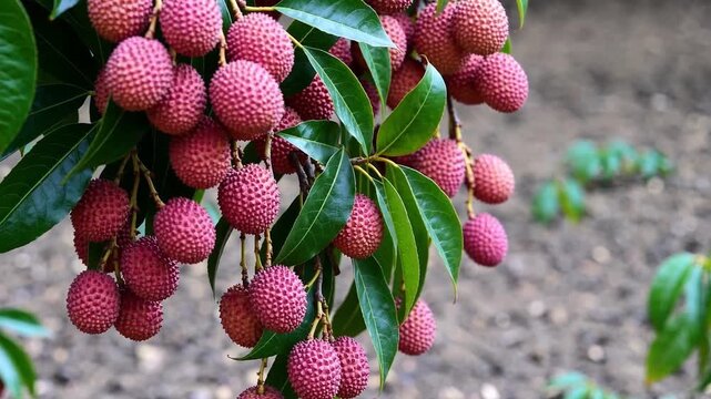 Closeup of ripe lychee fruits hanging from a tree branch