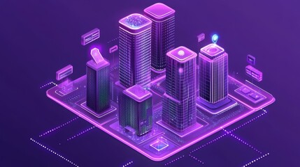 Fototapeta premium Isometric Purple Buildings on Illuminated Platform