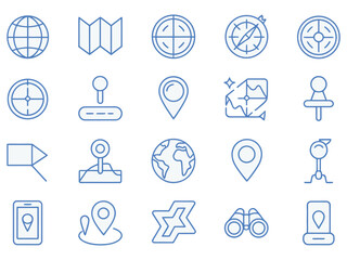 Fototapeta premium A clean collection of blue outline icons for navigation, mapping, and location services.