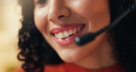 Obraz premium Headset, mouth and woman in home with remote work for virtual assistant career with online meeting. Happy, mic and female technical support consultant with smile for crm consultation in apartment.