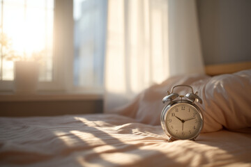Morning in a bedroom with sunlight through curtains An alarm clock adjusts wake up time based on sleep quality