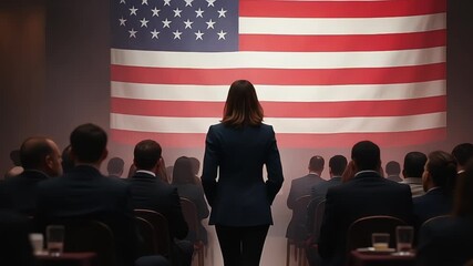 Woman standing before audience with American flag in the background at event - Powered by Adobe
