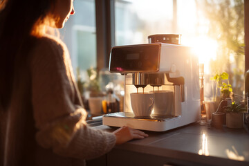Morning in a bright kitchen with sunlight coming through the window A person uses a smart coffee machine that starts brewing automatically