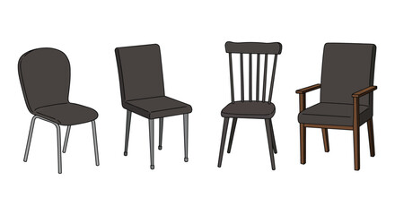 Fototapeta premium Four Unique Dining Chairs in a Row on White Background Illustration