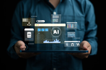 AI Assistant Brain Processor with LM technology, big data, machine learning, artificial intelligence for business support, future ATEC technology in everyday life and black...