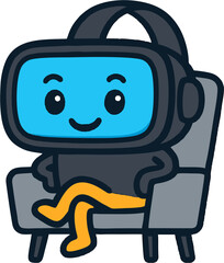 Adorable cartoon VR headset mascot sitting relaxed on a gray chair, perfect for technology, gaming, metaverse, and digital lifestyle vector concepts.