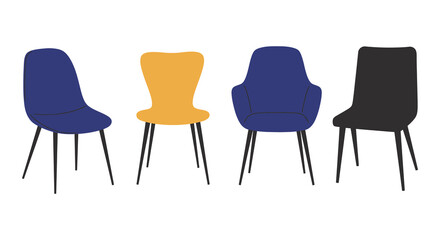 Fototapeta premium Four Modern Chairs in Different Colors Standing in a Row on White