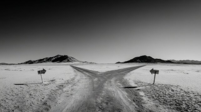 A black and white arid desert landscape with a split road, two directional arrows, rough gravel texture,