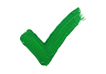 Green check mark painted with a brush stroke, isolated on transparent background