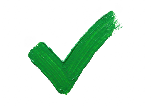 Green check mark painted with a brush stroke, isolated on transparent background